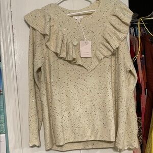 LC Lauren Conrad Speckled Cream Ruffle Sweater